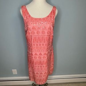 Oleg Cassini Salmon Pink Sequined Silk Blend Sleeveless Sheath Dress